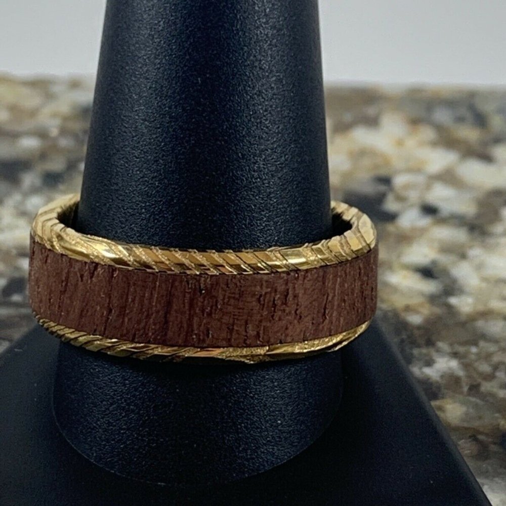 8mm Gold Tone Wood Engraved Inlay Band Size 12